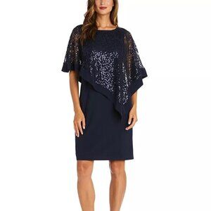 R&M Richards Sequined Cape Dress Women's Plus Size 16W Blue Sheath Cocktail